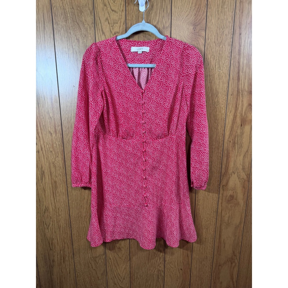 Loft Petites Red White Heart Print V-Neck Button Front Mini Dress Size 2P